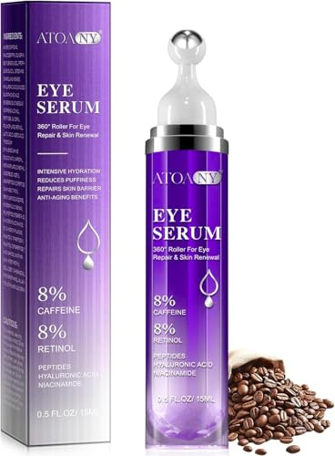 Siero oculare con 8% di caffeina, riduce le borse per gli occhi, rughe e rughe, crema per gli occhi con palla massaggiante a 360°, 8% caffeina, 8% retinolo, acido ialuronico, niacinamide, 15 ml