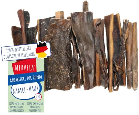 MERVELA® Bâtons en peau de chameau, 1 kg [qualité allemande] pour chiens souffrant d'allergies, récompense, collation d'entraînement, sans céréales, friandise pour chien, hypoallergénique, à mâcher