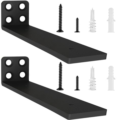 2 Pzs Soporte Estanteria Pared, 20 cm Soporte Balda Flotante de Madera, Escuadras Para Estanterias Metalicas Invisibles, L Soporte Baldas Pared Industrial con Tornillos (Negra)