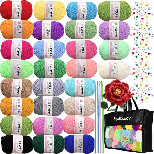 Pelote de laine à tricoter 28 x 25 g - Fil acrylique avec crochets en aluminium - Marqueurs de point pour débutants et adultes - Laine pour crochet, tricot et travaux manuels (fil à crochet, 28 pièces