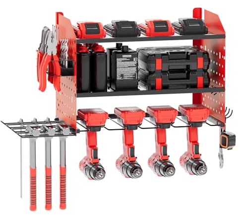 Jellybibo Power Tool Storage, Heavy Duty Wall Mounted Power Tool Organiser, 100Lbs Load Utility Storage Rack for 4 Power Drill Tools for Workshop Shed Pegboard Basement
