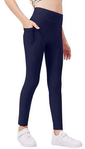 Arshiner Girls Leggings Dark Blue High Waist Fitness Sport Tights Casual Thermal Pants Thin Fleece Lined Trousers with Pockets 120/5-6 Years
