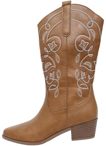 Ladies Cowboy Boots Wide Calf, Cowgirl Western Boots Block Heel Synthetic Leather Riding Boots for Women, Mid Calf Country Wedding Shoes