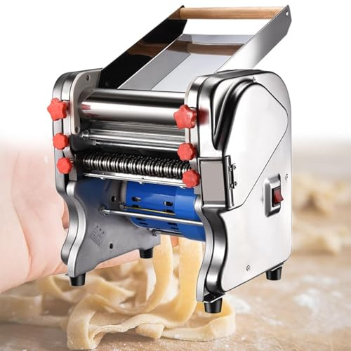 Elektrisk pastamaskin, automatisk pastamaskin, 550 W elektrisk rostfritt stål pasta-maskin för pasta/ravioli/spaghetti, lämplig för pasta, pizza(FKM200)