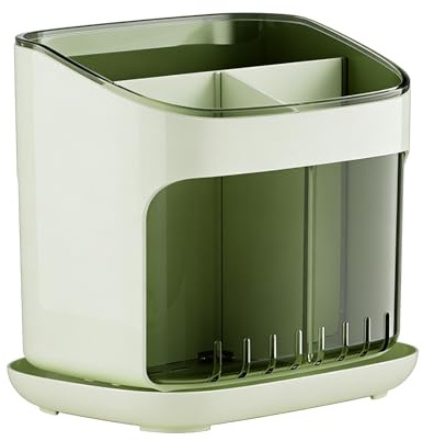 Xiuganpo Redskapshållare, Kompakt Bänkarrangör med Löstagbar ätpinnehållare och Dräneringsspår för Gafflar Skedar Knivar Köksredskap Platssparande Design Livsmedelsklass ABS M (Grön Transparent Grön)