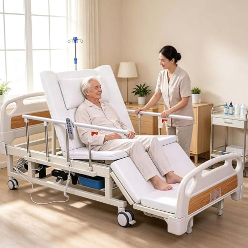 Full Electric 10-funktionsjustering sjukhussäng for hemmabruk, medicinsk säng med lateral lutning, ryggstödsvinkel (0–70°), knälyft (upp till 155°), benfall (15°), tiltfunktion (0–45°)