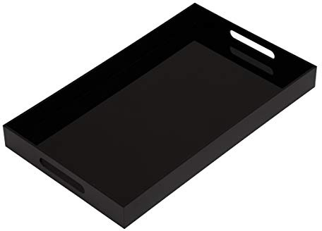 Glossy Black Sturdy Acrylic Serving Tray with Handles-12x20Inch-Serving Coffee,Appetizer,Breakfast,Butler-Kitchen Countertop Makeup Drawer Organizer-Vanity Table Ottoman Decorative Tray