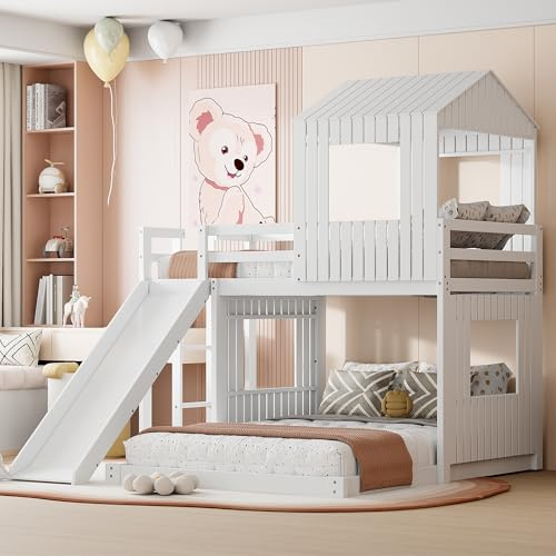 Harper & Bright Designs Wooden Twin Over Full Bunk Bed with Convertible Slide and Ladder – Farmhouse Loft Bed with Playhouse Roof and Full-Length Guardrails, Two Assembly Options (White)