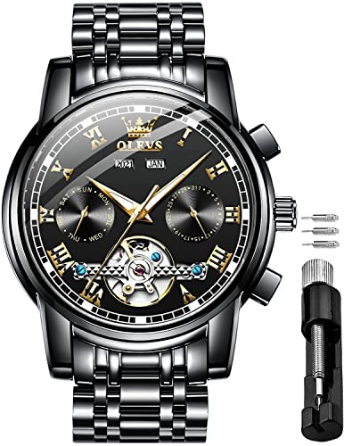 OLEVS Automatic Mens Watch Self Winding Stainless Steel Black Watch for Men