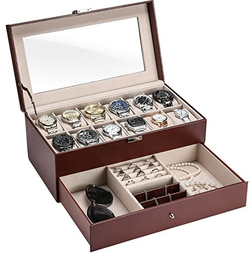 ProCase Scatola per orologi a 2 strati, con coperchio in vetro, 12 scomparti e 1 cassetto per orologi, anelli, bracciali, marrone