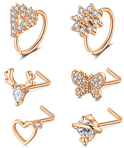 Mayhoop Piercing Nez Acier Chirurgical 20G Piercing Nez en Forme de L avec Coeur Fleur Papillon Ramure CZ Piercing de Nez pour Femme Homme Argent Or Rose