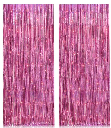 PIGETALE Pink Foil Fringe Curtains, 2 Pack 3.2 x 8.2 ft Party Backdrop