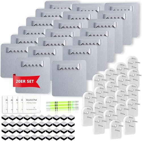 20 Stk Bildaufhänger Selbstklebend, Acrylglas Aufhängung Ohne Bohren,Bis zu 1,5Kg (Silber)