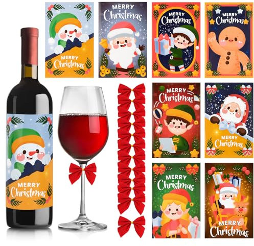 BOFUNX 8 Stück Weihnachten Flaschenetikett mit 12 Stück Rote Schleife Weihnachts Flaschenetikett Weinflaschen Champagner Etiketten Aufkleber für Weihnachts Party Dekorationen