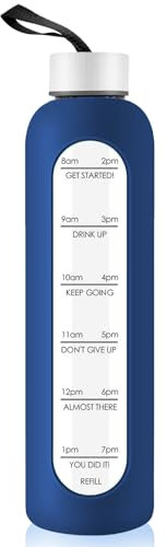 1 Liter Glass Water Bottle with Stainless Steel Lid - 1000ml Sports Drinking Bottle with Time Marker, Reusable Shatterproof Silicone Case Bottle for Fitness Gym Outdoor Travel Workout (Dark Blue)