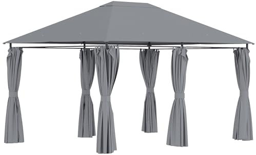 Outsunny Cenador de Jardín 4x3 m Pabellón de Exterior con 6 Paredes Laterales 8 Orificios de Drenaje y Marco de Acero Gazebo para Fiestas Patio Terraza Gris
