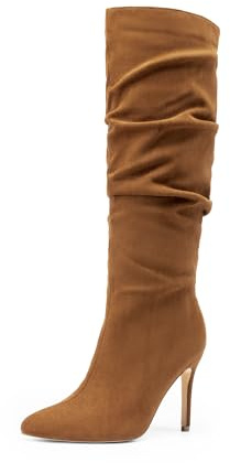 DREAM PAIRS Knee High Boots for Women, Pointed Toe Stiletto High Heel Slouchy Suede with Side Zipper Tall Boots,Size 8,Brown-Suede,SDKB2422W