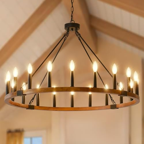 VBKK Wood Wagon Wheel Chandeliers for Dining Room 20-Light, 40'' Modern Farmhouse Chandelier, Rustic Light Fixtures for Foyer Kitchen Island Living Room Entryway, E12