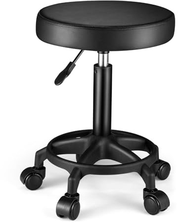 FNZIR Sgabello rotondo nero con poggiapiedi, seduta in pelle PU, altezza regolabile, sgabello girevole con ruote, per salone di massaggi