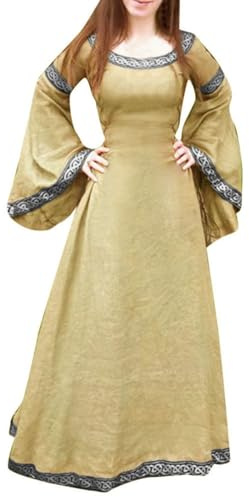 MODSGUE Robe de Viking pour Femme Moyen Âge avec Manches Trompettes Longues Vintage Théâtre Halloween Costumes Unie Robe Médiévale Viking Renaissance Victorienne Cosplay Vêtement, marron, L