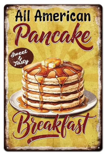 GLOBLELAND Cartel de chapa de metal para panqueques con texto en inglés All American Pancake Breakfast, pintura vintage, cartel de metal de 12 x 8 pulgadas, cartel de pared retro para el hogar