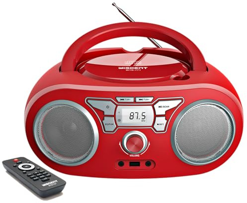 WISCENT Lettore CD Boombox Portatile - Stereo con Radio FM, Ingresso Bluetooth, USB, AUX, Uscita Auricolari, Audio Domestico Compatto, AC o Alimentato a Batteria