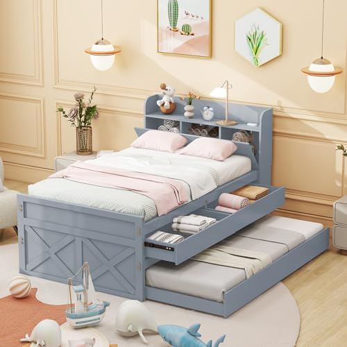 Zravenna Lit simple en bois massif 90 x 190 cm avec lit gigogne et 2 tiroirs, lit de jour multifonctionnel, avec sommier à lattes, tête rabattable avec étagères et étagères, espace de rangement (gris)