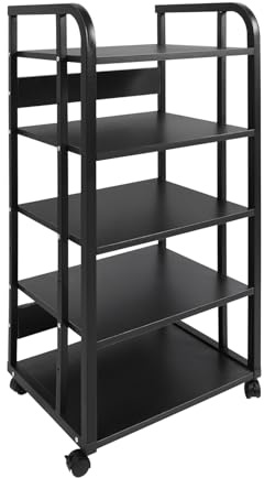 HiFi-rack, 50 x 40 x 100 cm, skivspelare bordsskåp med 40 kg lastkapacitet och 4 bromshjul, ljudrackskåp av stål och trä, rektangulära skivspelarstativ för TV, konsoler och spelare