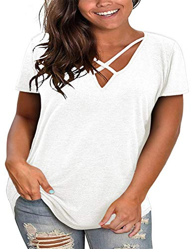 Fisoew Maglietta da Donna a Maniche Corte, con Scollo a V, Plus Size, Oversize, per l'Estate, Camicetta, Tuniche., bianco, 5XL