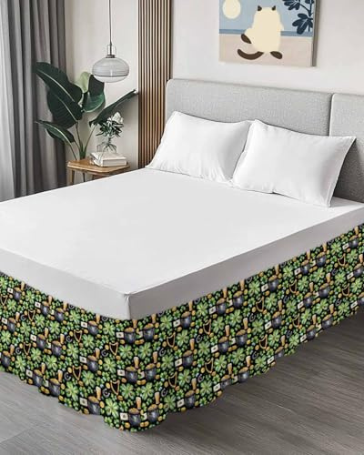 St. Patrick's Day Bed Skirt Cal King Size 18 Inch Drop, Adjustable & Elastic Wrap Around Bed Skirts Dust Ruffles for Twin Full Queen Cal King Base Bed, Luck Shamrocks Beer Harp Horseshoes Envelope