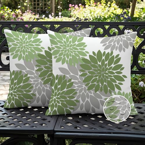 Ardjxue Uppsättning av 2 utomhuskuddöverdrag Grå Grön 50 x 50 Moderna kuddöverdrag Dubbelsidiga Dahlia Sommar Kuddöverdrag Soffkuddar Deko Kuddöverdrag Soffkuddar Dekoration Kuddöverdrag för Soffa