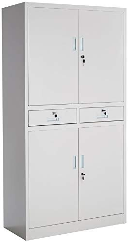 tectake® Armario Archivador Oficina en Acero, Armario Exterior e Interior con Candado Seguridad, Armario Multiusos con 5 Alturas, 4 Puertas, 2 Cajones, 3 Estantes Ajustables, 180x90x40 cm - Gris