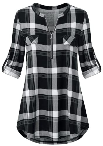 Odosalii Women's Plaid Tunic Blouse with Zip Up V Neck and Floral Print, Long/Short Sleeve Polo Top | Rolled Up Sleeve/Decorative Pockets/Comfy Soft Fabric/Smart Casual Outfit/Elegant A-Line Plain Shirt/Easy to Layer
