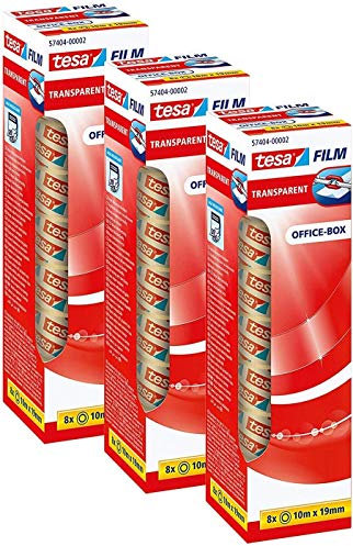 tesafilm transparent - Transparentes Klebeband mit starker Haftung - alterungsbeständig und reißfest, Office-Box mit 8 Rollen (3x 8 Rollen / 10m x 19mm)