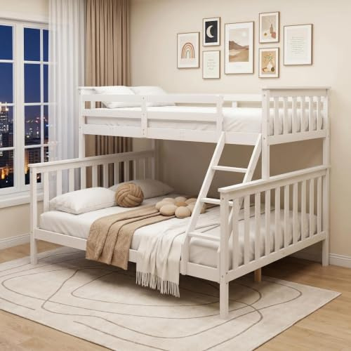 Panana Triple Sleeper Bunk Beds, Single Top Double base bed, Solid Wood Frame, Wooden Bed Frame (3FT+4FT6 with ladder)