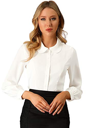 Allegra K Women's Button Up Shirt Career Peter Pan Collar Long Bishop Sleeve Blouse Cream White M-12