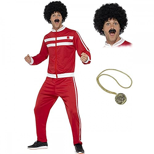A2ZFD Scouser Tracksuit + Wig & Tash + Gold Medallion : Mens Fancy Dress Sports 1980s Adults 80s Costume (L (42-44))