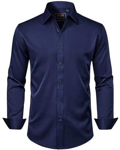 J.VER Men's Dress Shirts Solid Long Sleeve Stretch Wrinkle-Free Formal Shirt Business Casual Button Down Shirts Navy Blue Medium
