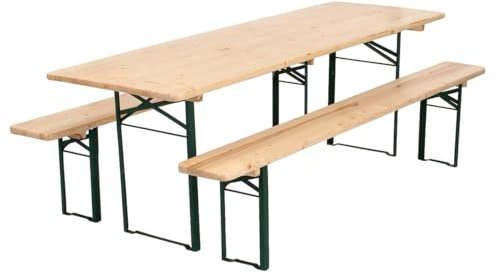 METRO Professional Bierzeltgarnitur, 3-TLG. Gartenmöbel Set, 1 Bier-Tisch 220 x 70 cm, 2 Bierbänke 220 x 25 cm, Klappbar, Naturbraun/Grün