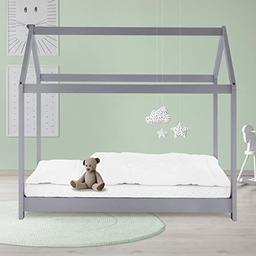 ML-Design Kinderbett 80x160 cm mit Dach und Lattenrost, Hellgrau, Hausbett für Mädchen und Jungen, Kinderhaus aus massivem Kiefernholz, Stabiles Jugendbett, Massivholz Kinder Bett Bettenhaus Spielbett