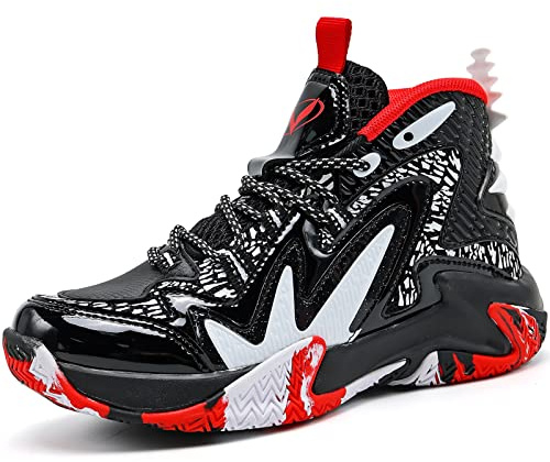 JMFCHI Boys Basketball Shoes Kids Sneakers High-top Sports Shoes Durable Lace-up Non-Slip Running Shoes for Little Kids Big Kids Size 2.5 Black Red