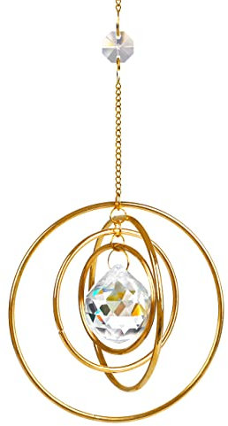 H&D HYALINE & DORA Kristall Galaxie Sonnenfänger, Hängender Regenbogen Sonnenfänger für Fenster, Glaskugel Prismen Sonnenfänger mit 4 Messingkreisen