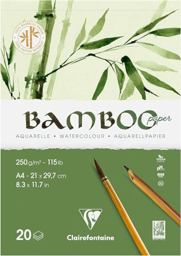 Clairefontaine 975919C - Bamboo Single-Sided Pad - 20 Sheets 100% Bamboo Paper Natural White Watercolour 100% Vegan - Finely Marked Grain A4 21x29.7 cm 250g