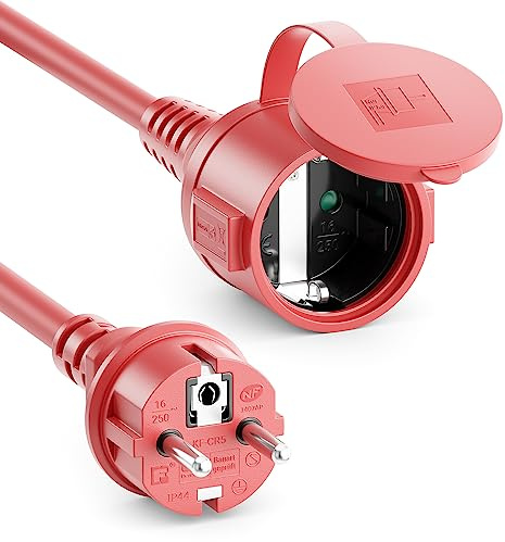 deleyCON 15m Utomhus Förlängningskabel Strömkabel IP44 (H07RN-F 3G1.5mm²) Strömförlängning Väderbeständig Gummikabel för Utomhusbruk - Skyddskontakt Hane till Hona - Röd