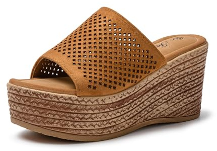 JOMIX Sandalias Mujer Verano con Cuñas Esparto Sandalias Cuña Mujer Piel Sandalias Mujer Comodas Playa Piscina Mar, Marrón, 38 EU