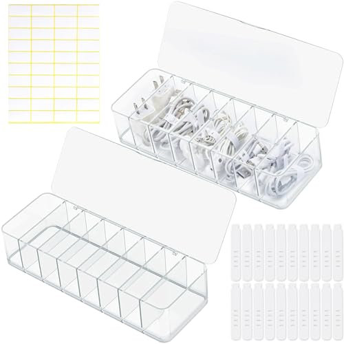 PIWOSGOL 2 Pièces Boite Rangement Cable, Boîte Rangement Câbles avec 8 Compartiments & 20 Attaches de Câble, Boîte de Rangement pour Comptoir en Plastique (with Lid, Transparente)