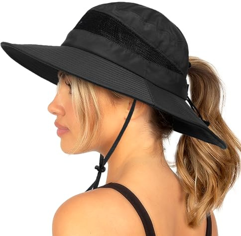 Sombrero de sol para mujer, ala ancha, malla transpirable, UPF50+, sombrero de safari, entrecruzado, agujero para cola de caballo, sombrero de lluvia para exteriores