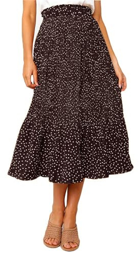 Timuspo Falda midi para mujer plisada con 2 bolsillos, falda larga de cintura alta, falda de verano con cintura elástica, falda de verano ventilada, café, L