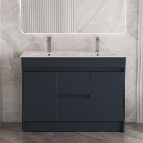 Robanmoa 1200mm Freestanding Bathroom Vanity Unit with Basin, Large Bathroom Storage Cabinets Waterproof Ceramic Sink Double Wash Basin Bowls 2-Drawer Floor Standing Cabinet Vanity Units