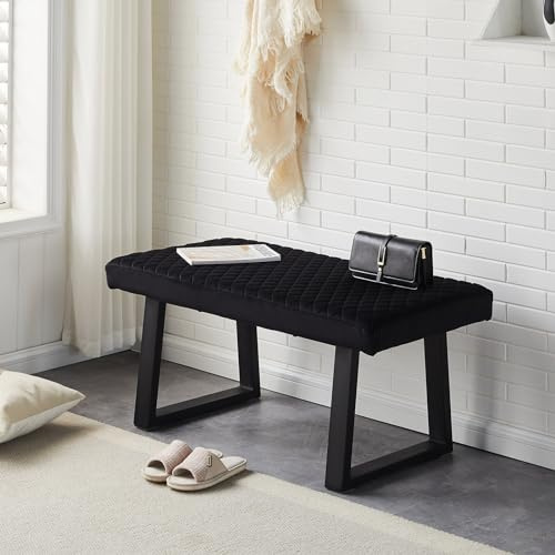 CLIPOP Velvet Dining Bench 2-Seater with Metal Frame Padded Ottoman Stool for Dining Room, Bedroom, Living Room, End Bed, Window Seat, Shoe Bench (Black)
